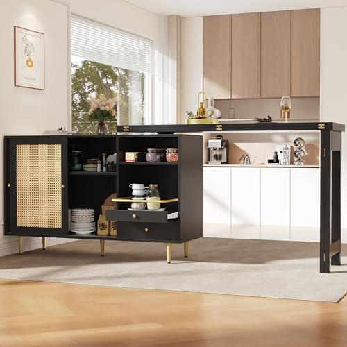 Um 360° drehbarer Stehtisch (Hauptkörper: 107 x 40 x 71,4 cm), schwarzer ausziehbarer Design-Stehtisch, Aufbewahrungsschrank mit Rattantür + offenes Lagerregal, geeignet für Küche und Esszimmer