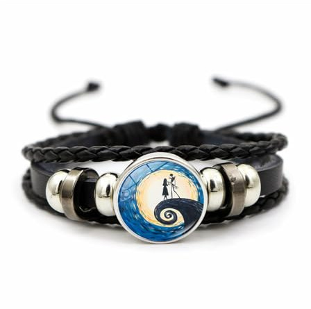 WaaRiuQ 1Pcs Jack Skellington Leather Bracelet, The Nightmare Before Christmas Punk Style Adjustable Wristband with 1.8cm Glass Charm, Unique Gift for Anime Fans and Couples