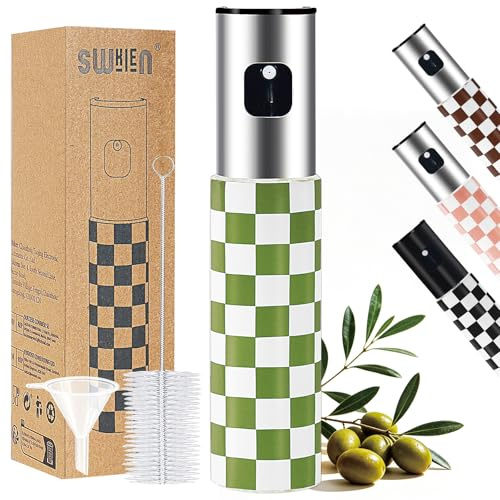 Swkien Olivenöl Sprühflasche, Ölsprüher für Speiseöl, 100ml Öl Sprühflasche Glas, Öl Sprayflasche mit Trichter & Bürste, Ölzerstäuber für Heißluftfritteuse, Grill, Salat & Küche