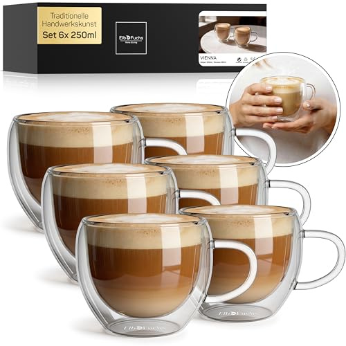 ElbFuchs Cappuccino Tassen Glas doppelwandig mit Henkel 6x 250ml Thermogläser für Cappuccino & Kaffee – isolierende Kaffeegläser mit Schwebeeffekt – spülmaschinenfest