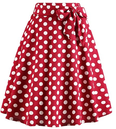 WERFORU Gonna midi da donna anni '50, gonna a pois rockabilly, vintage, linea a swing, gonna a pieghe con cintura, Colore: rosso, S