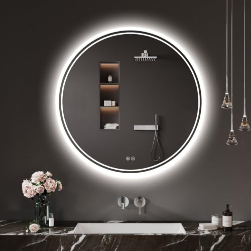 Zurehome Spiegel Rund mit Beleuchtung 50cm: Badezimmerspiegel Badspiegel-mit-Beleuchtung, Beschlagfrei, Touch Schalter, 3 Lichtfarben Dimmbar Bad-Spiegel-mit-Licht
