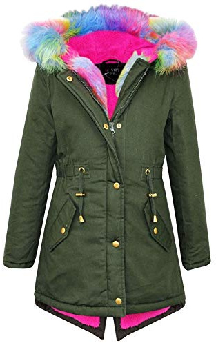 A2Z 4 Kids® Barn Flickor Med Huva Jackor Faux Fur Skola - Parka Jacket. Rainbow Fur 7-8