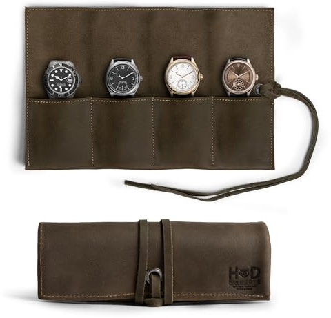Hide & Drink, Leather Watch Roll Organizer Handmade from Full Grain Leather, Holds Up to 4 Watches, Easy Carry On Watchlover Storage (Dark Jade)