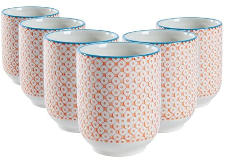 Nicola Spring Hand-Printed Tumbler - 280ml - Orange - Pack of 6 - No Handle Hot Chocolate Cups Breakfast Tea & Coffee Mugs for Kitchens, Cafes & Restaurants