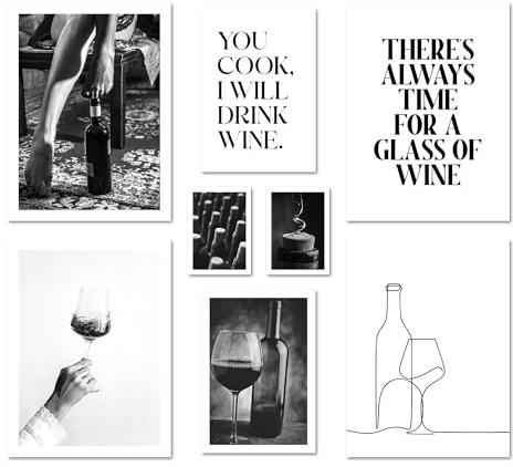 ARTFAVES® Poster Set - WINE TIME | Wanddeko Wohnzimmer & Küche & Esszimmer | 8 moderne Wandbilder | Bilder Wein, zu Vino sag ich nie no, schwarz weiss, | ohne Bilderrahmen