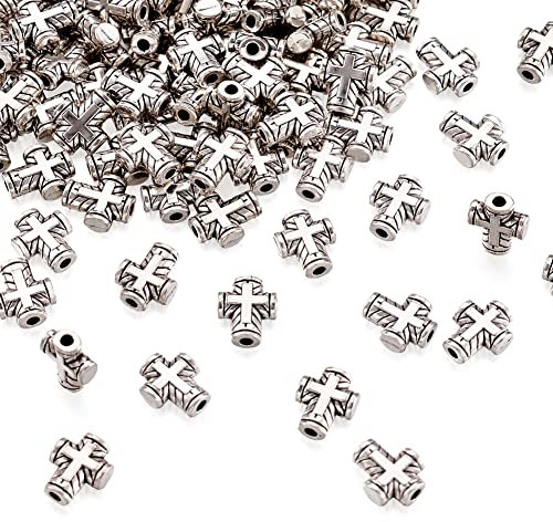PandaHall - 100 cuentas de cruz de aleación de estilo tibetano, cuentas espaciadoras de metal plateado antiguo, cuentas sueltas de 10 x 8 x 3 mm, cuentas de oración para hacer joyas, manualidades
