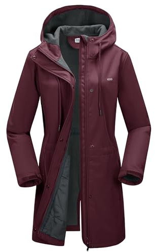 33,000ft Women’s Softshell Jacket with Hood Waterproof Ladies Functional Jacket Fleece Lined Windbreaker Breathable Raincoat Hooded Long Coats for Cycling Hiking Outdoor Wine Red M
