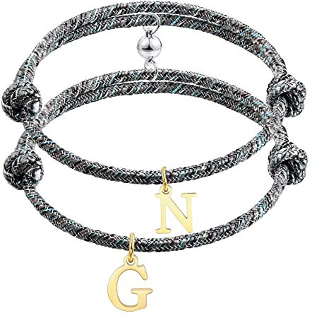 MeMeDIY Personalisierte Magnetarmbänder für Paare mit Initiale/Gravur Textarmband für Damen Herren Verstellbare Nylon-Freundschaftsarmbänder (Goldfarbener Buchstabe)
