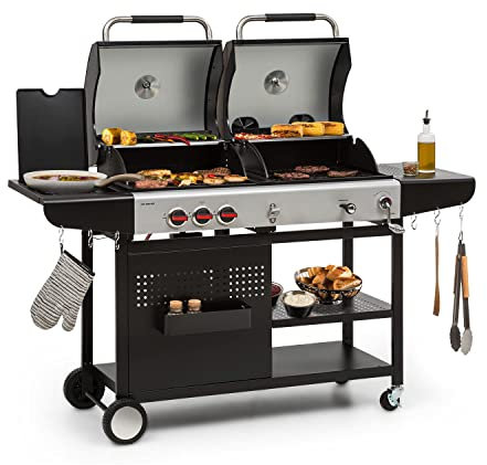 Klarstein Hot & Hot Kombigrill - 2in1-System: Gas-/Kohlegrill, 3 Edelstahlbrenner, Leistung: 8,5 kW, InstantReady Concept, für Gasflaschen bis 11 kg, Piezo-Zündung, pechschwarz