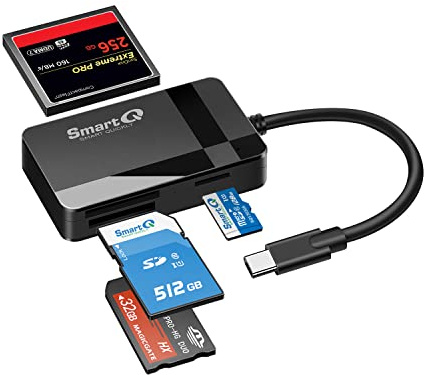 SmartQ SD Card Reader, 4-in-1 USB C 3.0 SD/Micro SD/MS/CF Memory Card Reader, Adapter for Camera, Compatible with MacBook Pro, MacBook Air/iPad Pro, Samsung Galaxy S10/S9/S8, Surface Book 2