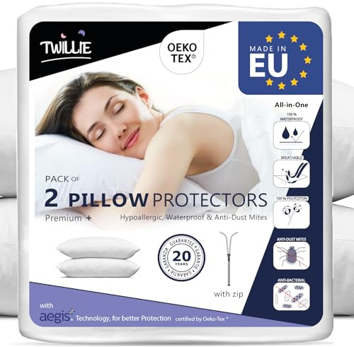 Twillie Kissenbezug Wasserdichter 40x145 cm (Set mit 2 Stück) - Aegis® - Öko-TEX® zert. – Kissenschoner mit Reißverschluss – Kissenschutzbezug Atmungsaktiv, Hypoallergen, Anti-Milben, Antibakteriell