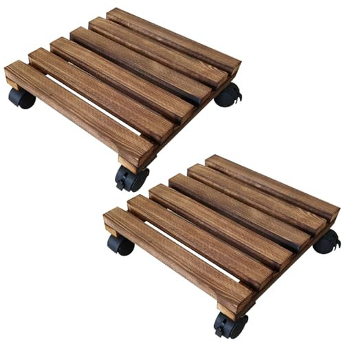 nerhemg Lot de 2 supports de plantes carrés en bois avec roulettes, base de plateau de fleurs avec roulettes verrouillables en métal pour pots de fleurs, objets lourds 35 x 35 cm