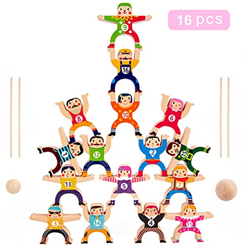 moopok Wooden Stacking Toys,16Pcs Circus Hercules Acrobatic Troupe Interlock Toy,Balancing Building Blocks Game Toddler Puzzle Toys,for 3 4 5 6 Years Old Kids Adults