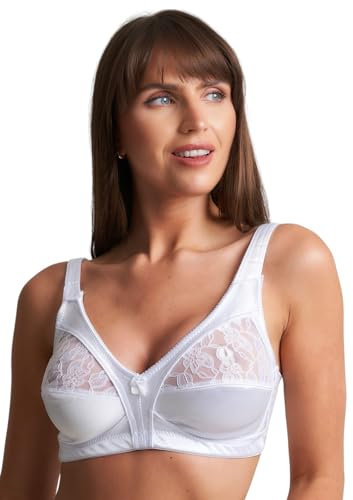 reshmena® Non-Wired Womens Floral Lace Bra Firm Control Soft Cup Satin Lace Bra - Women’s Non-Wired Full Cup Non-Padded Underwear Bra White 48C