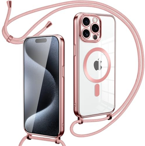 Oelrstfe Cover Trasparente con Cordino per iPhone 15 Pro Max con Magnetico,Custodia Sottile Morbido Silicone con Laccio Collana Tracolla Regolabile Antiurto Case con Collana,Rose-Gold