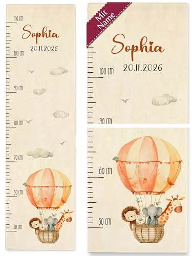 Messlatte Kind Holz - Babymesslatte Tiere im Ballon mit Name Kindermesslatte Löwe I Elefant I Giraffe - 50-110 cm - Holz - kinder 160 tier afrika meßlatte größe eichhörnchen metermaß