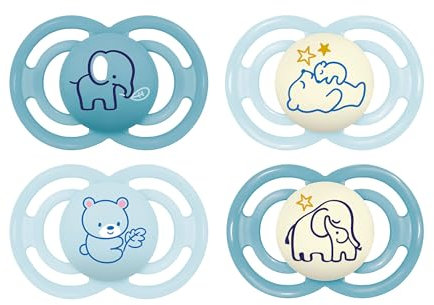 MAM Perfect Day & Night Schnuller im 4er-Set, leuchtend im Dunkeln, zahnfreundlicher Baby Schnuller aus nachhaltigen & bio-erneuerbaren Materialien, mit Schnullerbox, 6-16 Monate, Bär/Elefant