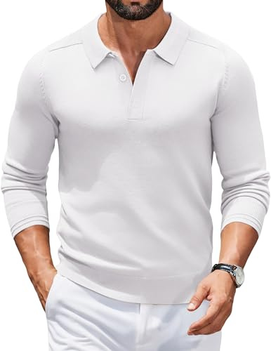 COOFANDY Jersey para Hombre Cuello Polo Jersey Manga Larga Suéter de Punto Negocios Suéter Informal Sweater Básico Color Sólido Regular Fit Blanco L