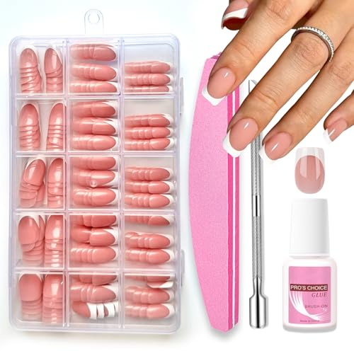 240pcs French False Nails Kit - Medium Square Fake Nails With Glue - Full Cover Press On Nails French Tip - 15 Size Acrylic Nail Tips Stick On Nails For Women french Manicure Home