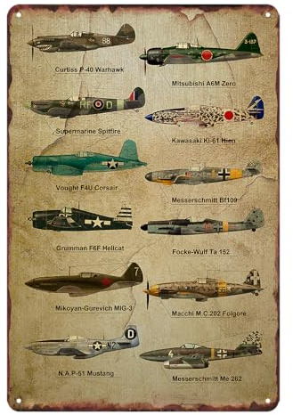 Urnjkfo Vintage Aviation Airplane Decor Ww2 Poster Airplane Wall Art Military Decor Metal Signs Vintage Ww2 Planes Posters Boys Room Man Cave Garage Tin Sign 8x12 Inch
