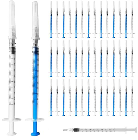 SPORWAY Seringues stériles, 100 pièces, seringue en plastique, avec capuchons, seringue doseuse pour remplir et mesurer les liquides, nourrir les animaux domestiques (blanc + bleu)