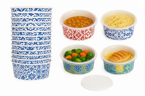 Terryshop74 Insalatiere Maiolica 750 ml con Coperchi – 25 Ciotole in Carta Decorata + 25 Coperchi Trasparenti – Contenitori Alimentari per Pokè, Insalate e Vivande