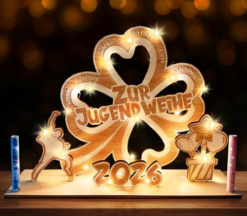 Leboria Jugendweihe Geschenke Mädchen Junge, Holz Glücksklee Geldgeschenk Jugendweihe 2026 mit Led Lichterkette, Geschenk Jugendweihe Junge Mädchen, als Tischdeko Jugendweihe Deko