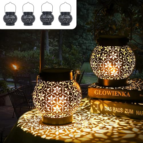 Geschenk für Frauen, 4 Stück Solarlampen für Außen Garten, Orientalische Solarlaterne für Außen IP65 Wasserdicht & Rostschutz, Solar Laterne Solarleuchten mit Haken für Terrasse Rasen Hof Balkon Deko