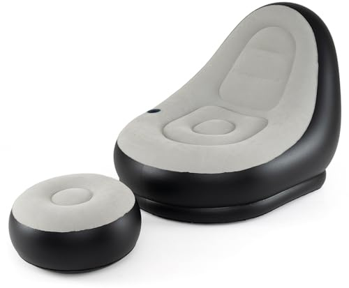 GOPLUS Sofa Hinchable Camping con Reposapiés, Sillon Infable Relax con Respaldo,Portavasos y Parches de Reparación, Puff Plegable Exterior, Silla Inflable para Balcón Jardín (con reposapiés)