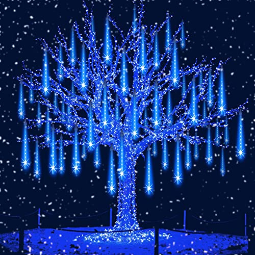 Aukora Christmas Lights Outdoor Meteor Shower Lights 12 inch 8Tubes 192LED UL Certified Falling Rain Drop Snow Icicle String Light for Xmas Tree Christmas Decorations Party Wedding Holiday Yard Blue