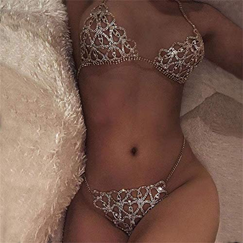 SMGZC Biancheria Intima con Strass,Imbracatura per Catene per Il Corpo con Bikini in Cristallo a Cuore per Le Donne Sexy Lingerie con Catena con Strass Bling e Set di Gioielli con Stringhe (Gold)
