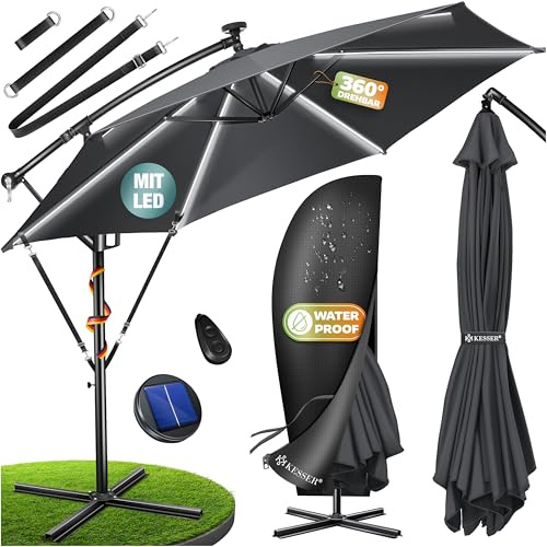 KESSER Parasol solaire LED en aluminium - Diamètre 300 cm - Télécommande, housse, cordes de sécurité - Manivelle, support - 360 ° - Protection UV