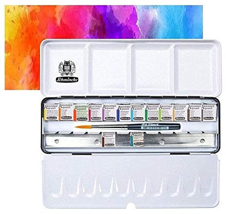 Schmincke Akademie Aquarell Malkasten, Metallkasten, 14 x 1/2 mit Da Vinci XS synthetic brush voyage Näpfchen