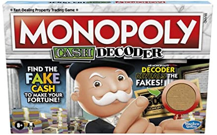 Monopoly Cash Decoder Board Game for Families and Kids Ages 8 and Up, Includes Mr. Monopoly's Decoder to Find Fakes, for 2-6 Players