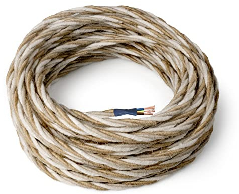 Amarcords - Câble électrique textile couleur PAILLE, torsadé, jute, 5 mètres, avec mise à la terre 3x0,75 - Fil vintage en tissu coloré, pour lampes, lustres, appliques et abat-jours.