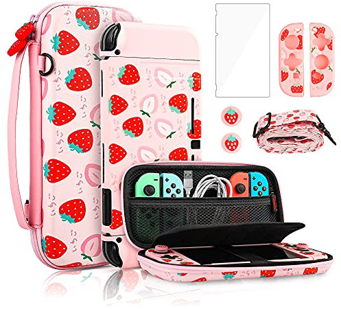 FANPL Pink Tragetasche Bundle für Nintendo Switch, süßes Case Zubehör Set für Switch mit Hard Travel Case, Soft TPU Cover, Displayschutzfolie, Daumengriffkappen (Cute Pink Strawberry)
