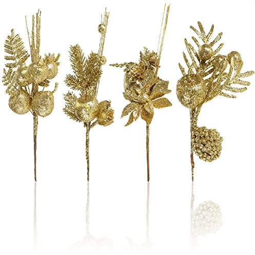 com-four® 4X arreglos Decorativos, ramitas como Grandes Decoraciones navideñas, Hermosas Decoraciones para Habitaciones, también para Coronas y arreglos Florales. (Dorado - Mediano)