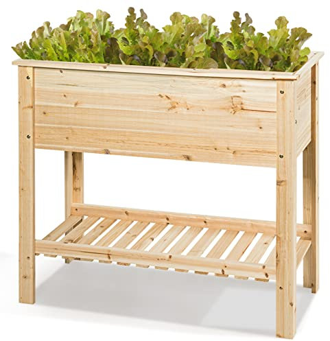 RELAX4LIFE Cama Elevada de Flores de Madera de Abeto con Estante, Huerto Urbano con Gran Superficie de Plantación para Verduras, Frutas y Hierbas, Mesa de Cultivo para Jardín, Balcón (92 x 41 x 81cm)