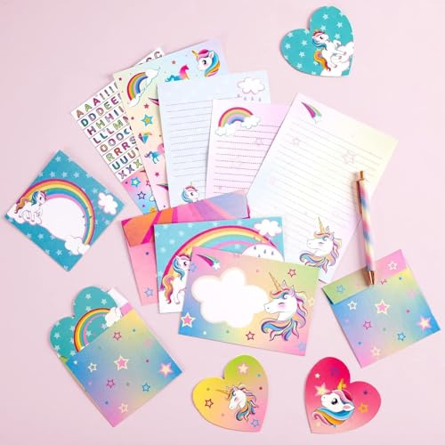 Set Buste Carta Unicorno - 69 PZ Kit Carta da Lettere per Ragazze Bambini Unicorni Regali per Ragazze Cancelleria Fogli di Scrittura con Buste Biglietti di Auguri Adesivi Penna a Sfera
