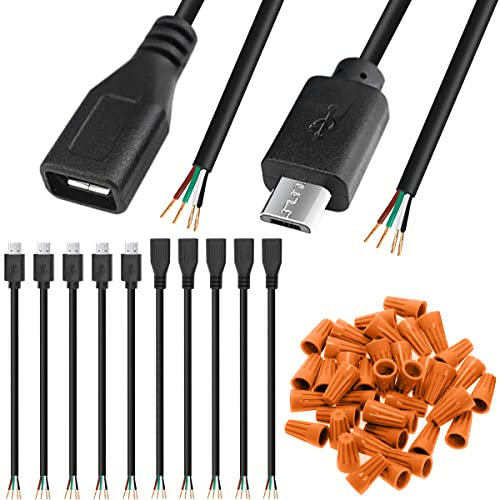 Xiatiaosann Kabel USB 2.0 Micro Stecker Buchse auf 4-Pin Kabelenden, USB 2.0-Anschluss auf 4-Draht-Netzteil-Verlängerungskabel Ladekabel Anschluss für Arduino, Micro USB männlich weiblich, 10 Stück