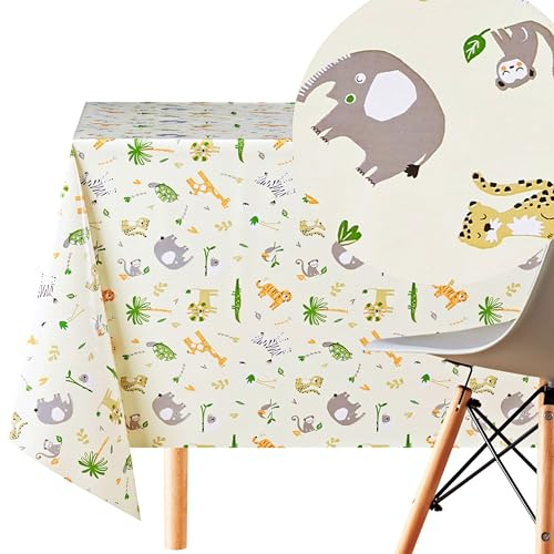 KP HOME PVC avtorkningsbar bordsduk rektangulär 300 x 140 cm/118 x 55 tum – torkbar bordsduk upp till 10 säten – barn vattentät vinylvaxduk ljuskrämfärg med safaridjur