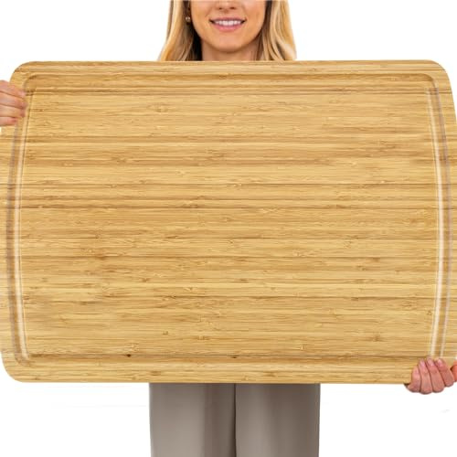 Fashionwu Planche à découper en bambou extra large de 76 cm pour cuisine, grandes planches à découper en bois avec rainure pour jus, planche à découper épaisse pour viande, légumes, grande planche à