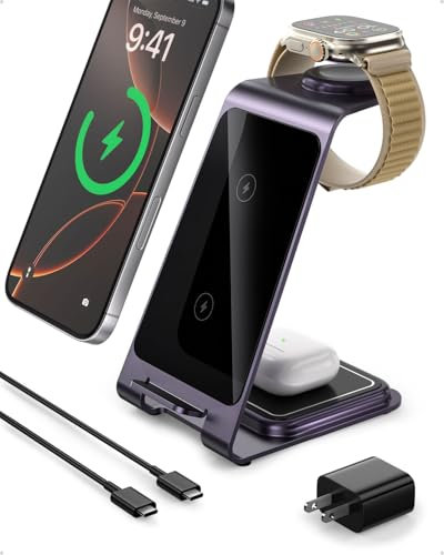 Induktive Ladestation Kompatibel mit Magsafe Ladegerät für iPhone 16 Pro/16/16 Pro Max/15 Pro/15/15 Pro Max, für Apple Watch 10/Ultra 2/SE/9/8/7/6/5/4/3/2, für AirPods 4/3/2/Pro (Lila)