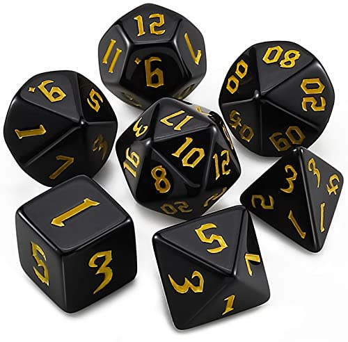 QMAY Dadi da gioco poliedrici, 7 dadi (nero + scritta giallo) | Dadi da tavolo con sacchetto per Dungeons and Dragons Pathfinder RPG MTG D&D D20, D12, D10, D%, D8, D6, D4