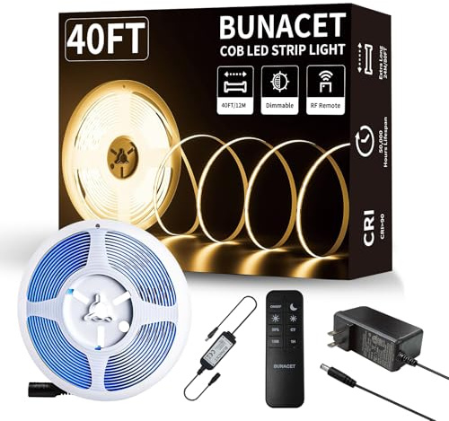 BUNACET COB LED Strip Lights 5760LEDs, 40FT 3000K Dimmable Warm White Bright LED Lights for Bedroom Counter Under Cabinet Kitchen