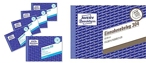 AVERY Zweckform 300-5 Quittungsblock 5er Pack weiß & 304 Einnahmebeleg mit Dokumentendruck (A6 quer, von Rechtsexperten geprüft, für Deutschland zur ordnungsgemäßen, 50 Blatt) grün