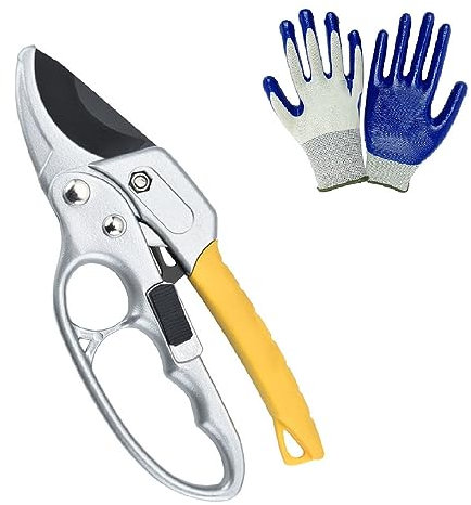 8 Garden Secateurs Clippers, Heavy Duty Ratchet Anvil Pruning Shears with Work Gloves, Ergonomic Gardening Pruners for Trimming Garden Trees, Plants Flowers