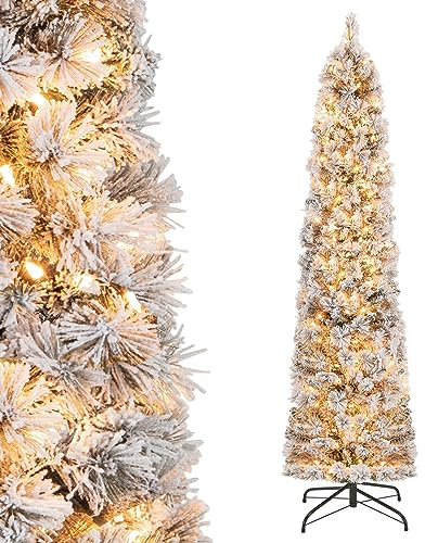 LIFEZEAL Weihnachtsbaum dünn 180cm künstlicher schneebedeckter Tannenbaum mit 150 LED-Lichtern, 373 Dicke Tannenzweige, Weihnachtsbaum