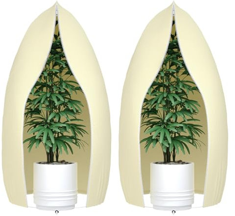 Estefanlo Winterschutz für Pflanzen, 2 Stück Winterschutz für Kübelpflanzen mit Reißverschluss Zugband, Frostschutz Pflanzenabdeckungen für Baum Palmen Balkonpflanzen Haube, Beige, 80 x 120 cm